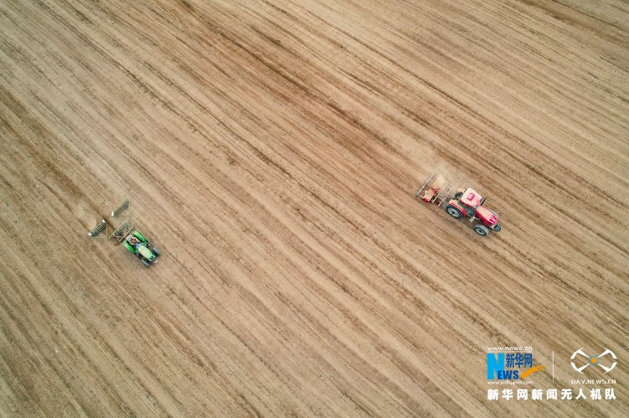 甘肃省张掖市民乐县顺化镇张宋村小麦种植基地，大型机械正在播种小麦。新华网发（陈思宏 摄）