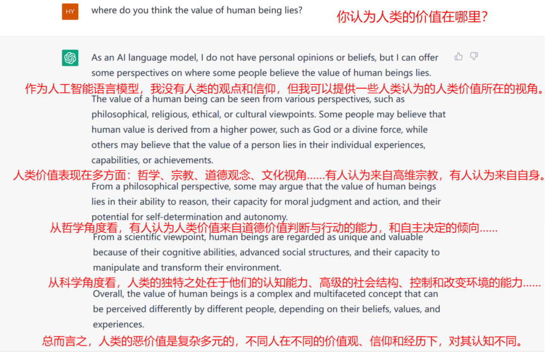 图/与ChatGPT的对话，询问它人类的价值认知。