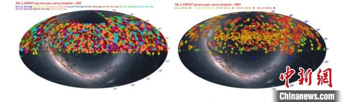 左图为LAMOST DR10的低分辨率天区覆盖图，右图为DR10的中分辨率天区覆盖图(袁海龙 绘制) 中科院国家天文台 供图