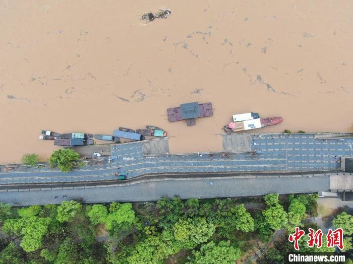图为航拍赣江上游贡江江西赣州主城区段，受近期强降雨影响，河流水位迅速上涨，湍急浑浊。　刘力鑫 摄