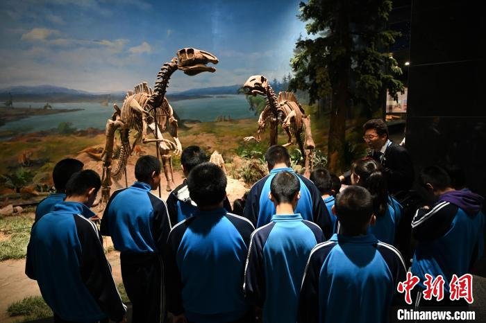 内蒙古呼和浩特市,视障学生参观恐龙馆,聆听讲解。 刘文华 摄