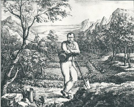 乔治·弗雷(Georges Frey),《圣赫勒拿岛上的园丁》(Le Jardinier de Sainte—Hélène),拿破仑一世的画像,19世纪初,版画现藏于巴黎法国国家图书馆。