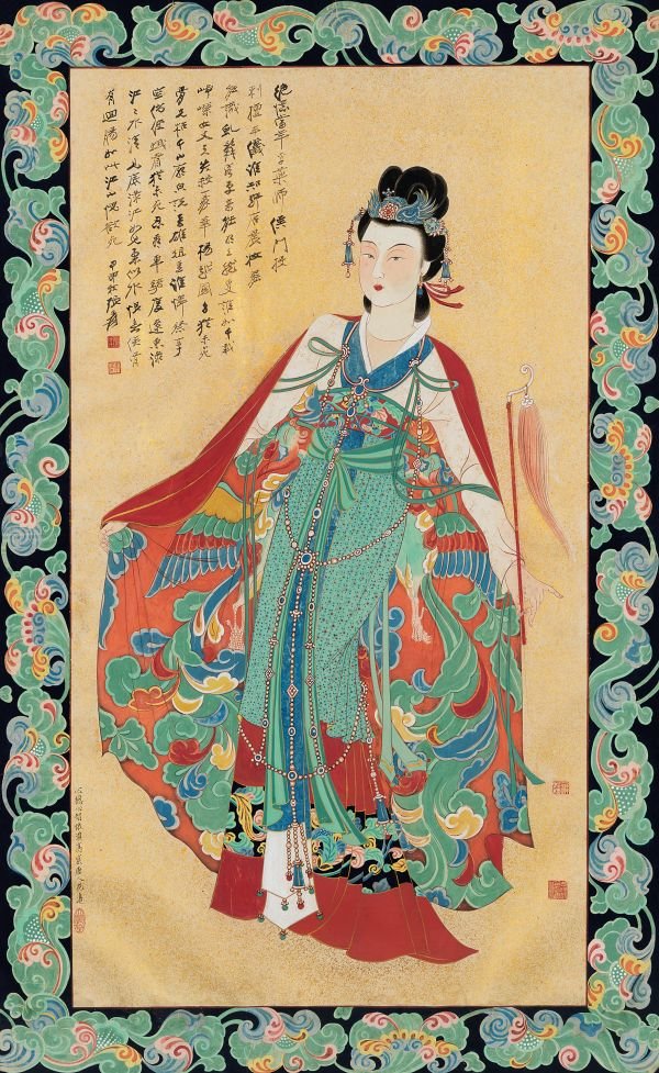 张大千，《红拂女》，设色洒金笺，125×75cm，1944年，私人收藏。（资料图 图片为编者所加）