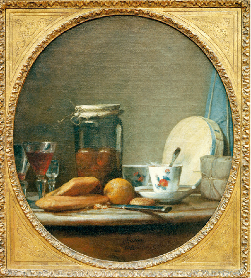 让-巴蒂斯特-西梅翁·夏尔丹(Jean-Baptiste-Siméon Chardin),《罐装杏子酒》(Le bocal d’abricots),1758年,现藏于多伦多(Toronto)安大略美术馆(Art Gallery of Ontario)。