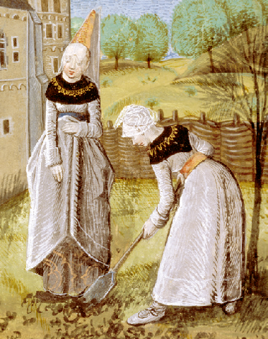 《克里斯蒂娜·德·皮桑耕种菜园》(Christine de Pizan cultive le jardin),荷兰彩色插图,1475年,选自克里斯蒂娜·德·皮桑所写的《女性之城》(La Cité des Dames),现藏于伦敦大英图书馆,编号:Ms. Additional 20698, f°17。