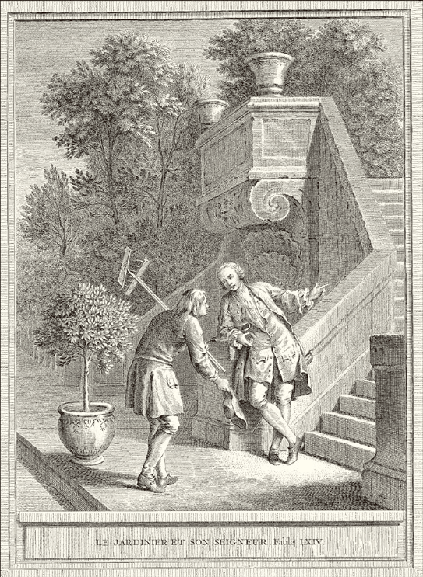 《园丁和他的主人》(Le jardinier et son seigneur),马丁·玛尔维(M. Marvie)参考让·巴蒂斯特·乌德里(J.B. Oudry)作品所作的版画,1783年,《拉封丹寓言》(Fables de La Fontaine)第四册,寓言四,插图1。