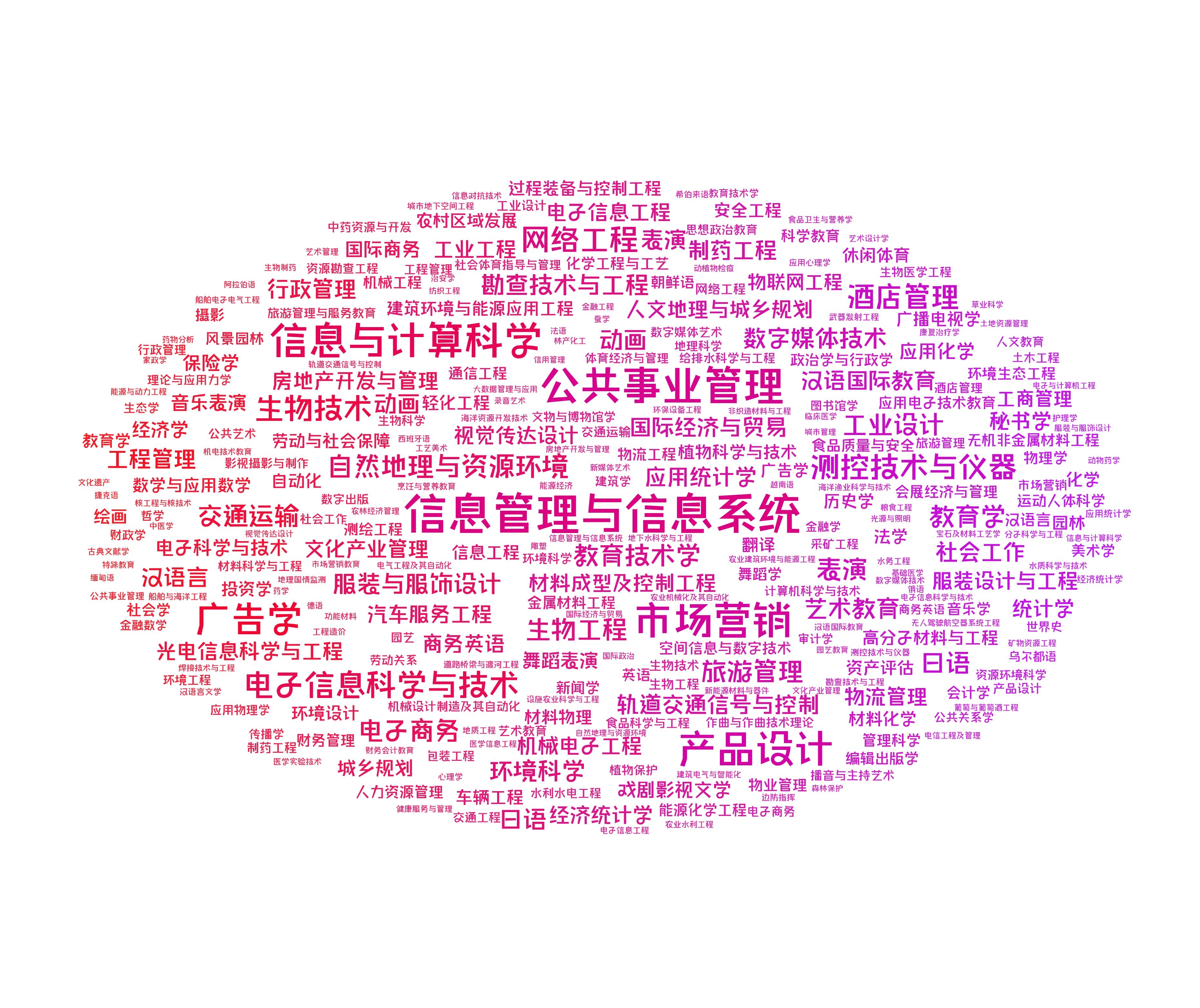 部分高校申请撤销的专业词频图