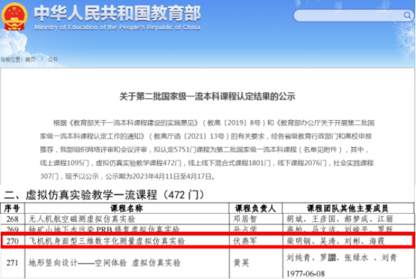 南昌航空大学科技学院课程入选国家级一流本科课程公示