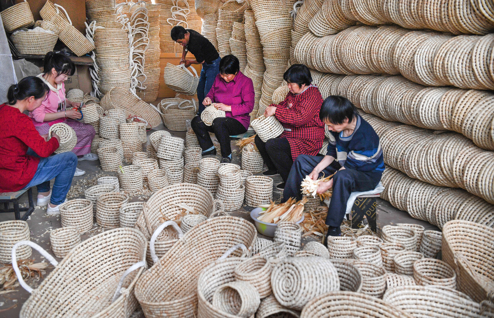 4月20日,洛南县巧手工艺品有限公司员工在加工草编工艺品