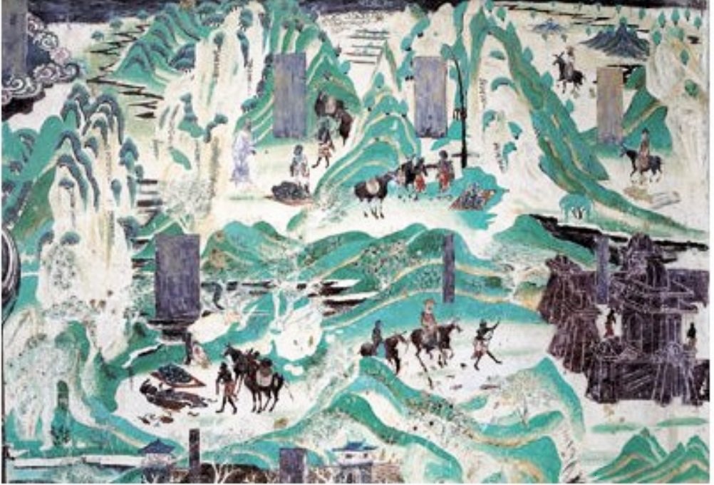 ▲敦煌莫高窟217窟的《化城喻品图》，描绘了一队粟特商旅行进的场景。