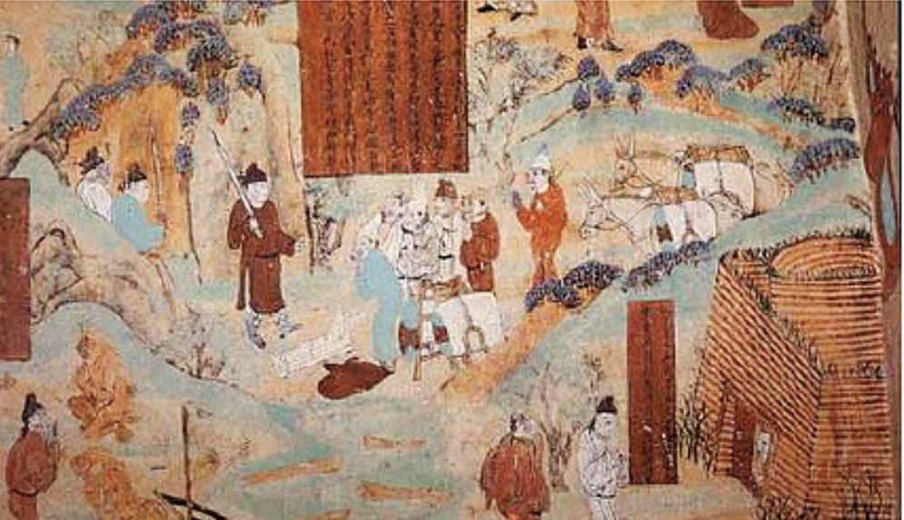 ▲敦煌莫高窟第45窟的《胡商遇盗图》有表现昭武九姓的粟特人形象