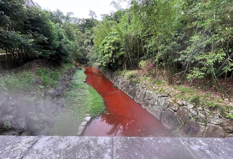 台北市内湖区内沟溪突然一片红通通，引起附近居民担心。（图片来源：台媒）