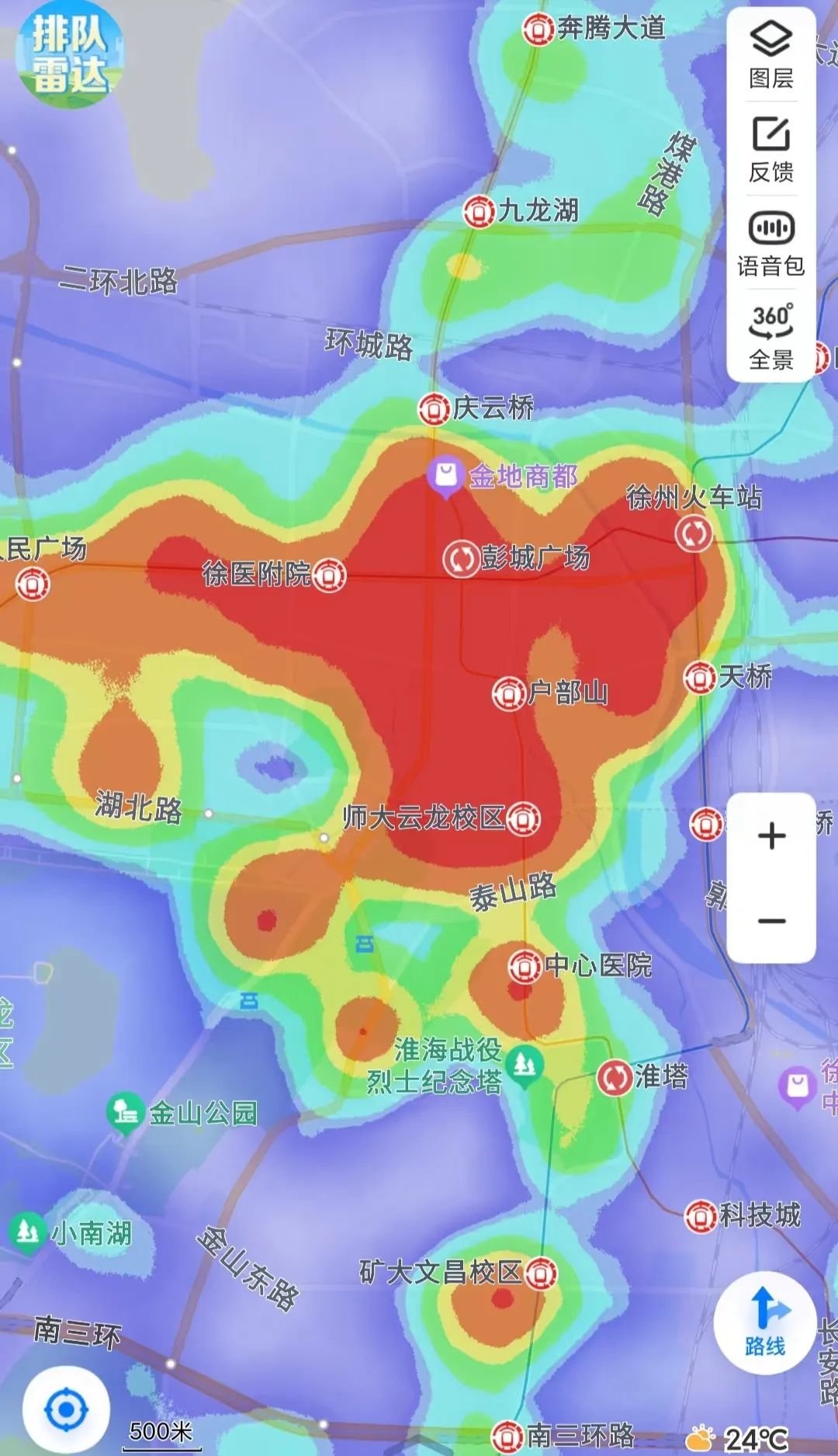 由热力图可见,徐州市区人流量较多的区域有彭城广场,回龙窝历史文化