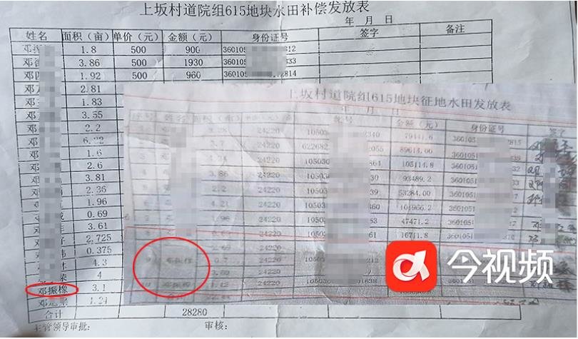 615地块水田青苗补偿发放表与水田补偿表