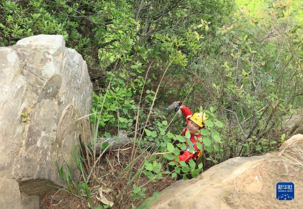 5月14日，张家界市武陵源区山地应急救援队队员在丛林中捡拾垃圾。