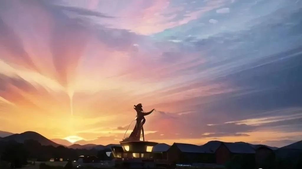 ▲霞光万丈下的牡丹仙子雕像