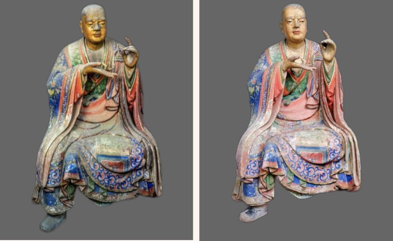 (彩塑罗汉像文物修复前后对比)