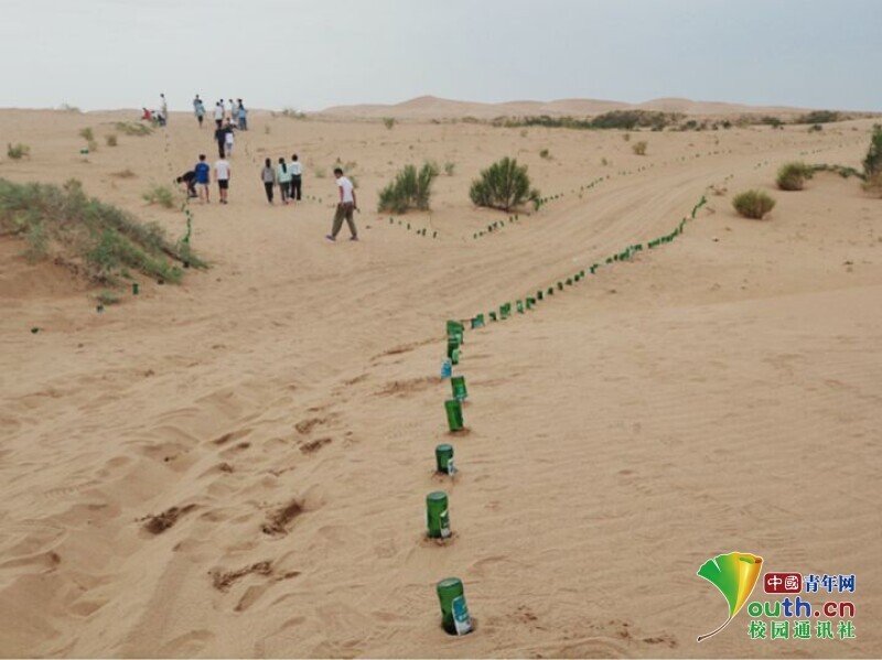 图为实践成员在沙漠中插瓶以做路标 中国青年网通讯员 祖铭悦 供图