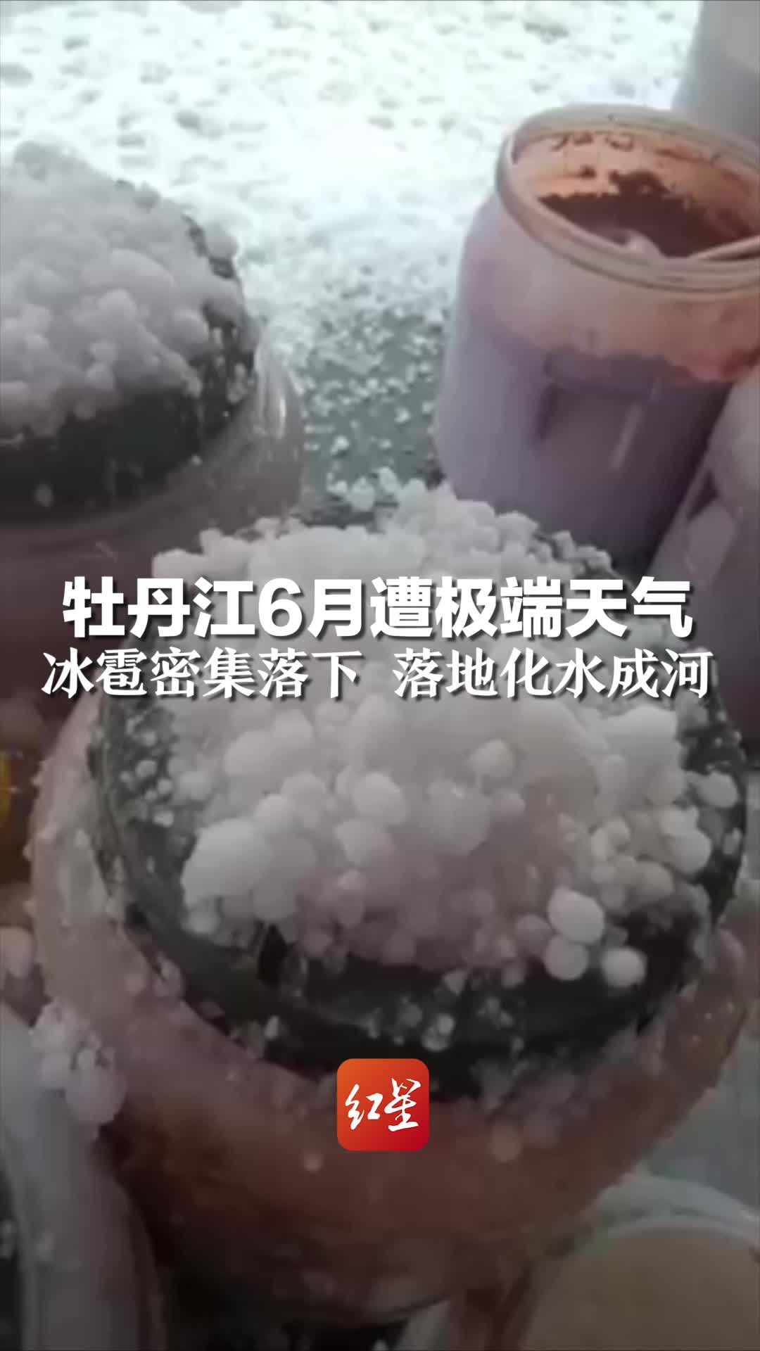 牡丹江6月遭极端天气，冰雹密集落下 落地化水成河