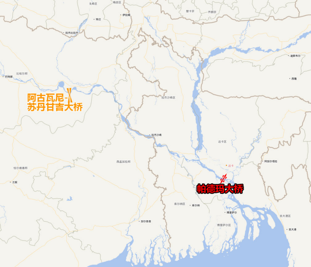 ▎本文提到的两座主要大桥:比哈尔邦阿古瓦尼大桥与孟加拉国帕德玛大桥位置图,分处恒河中游和下游