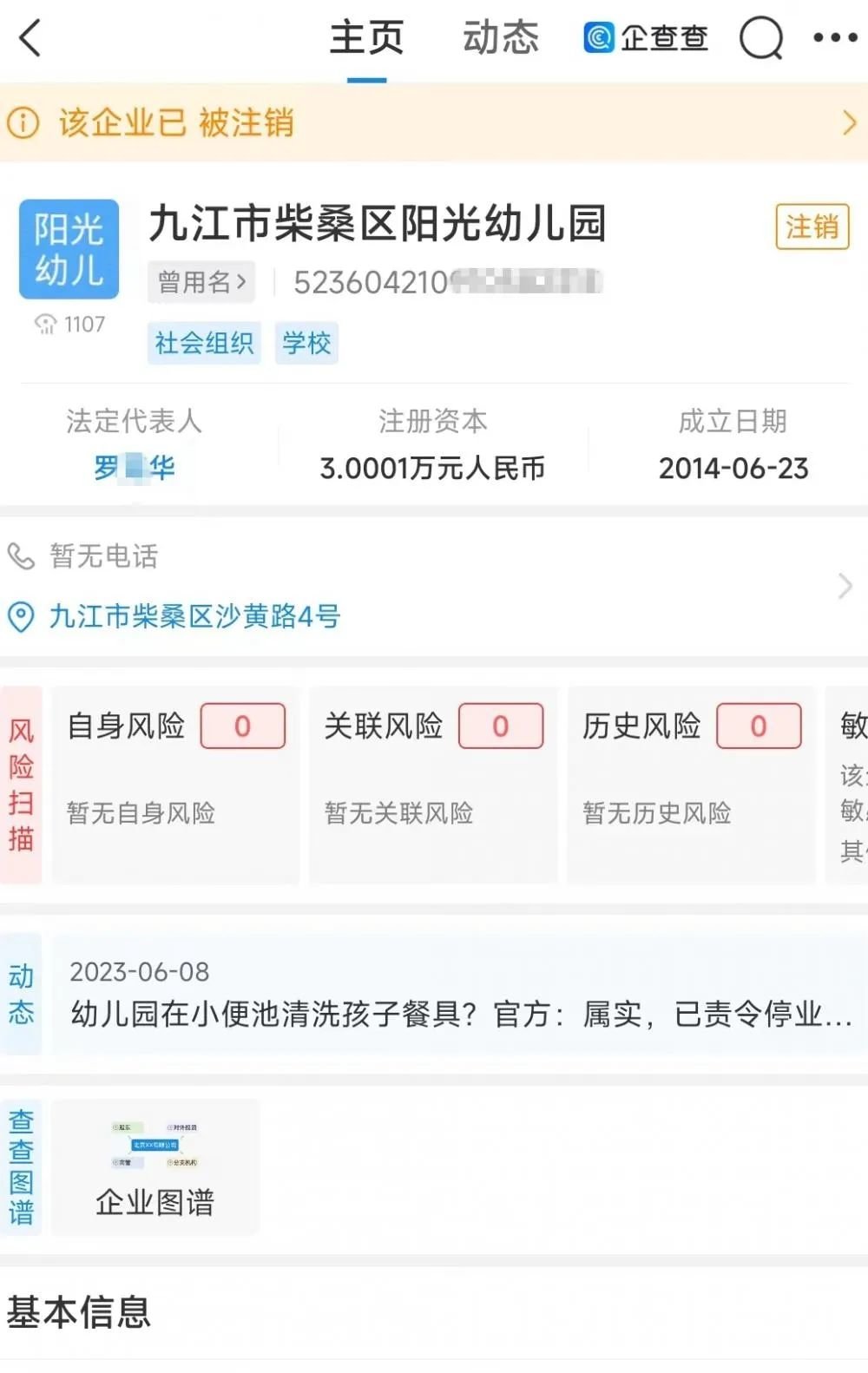 企查查APP显示，柴桑区阳光幼儿园工商证照显示为已注销。/企查查