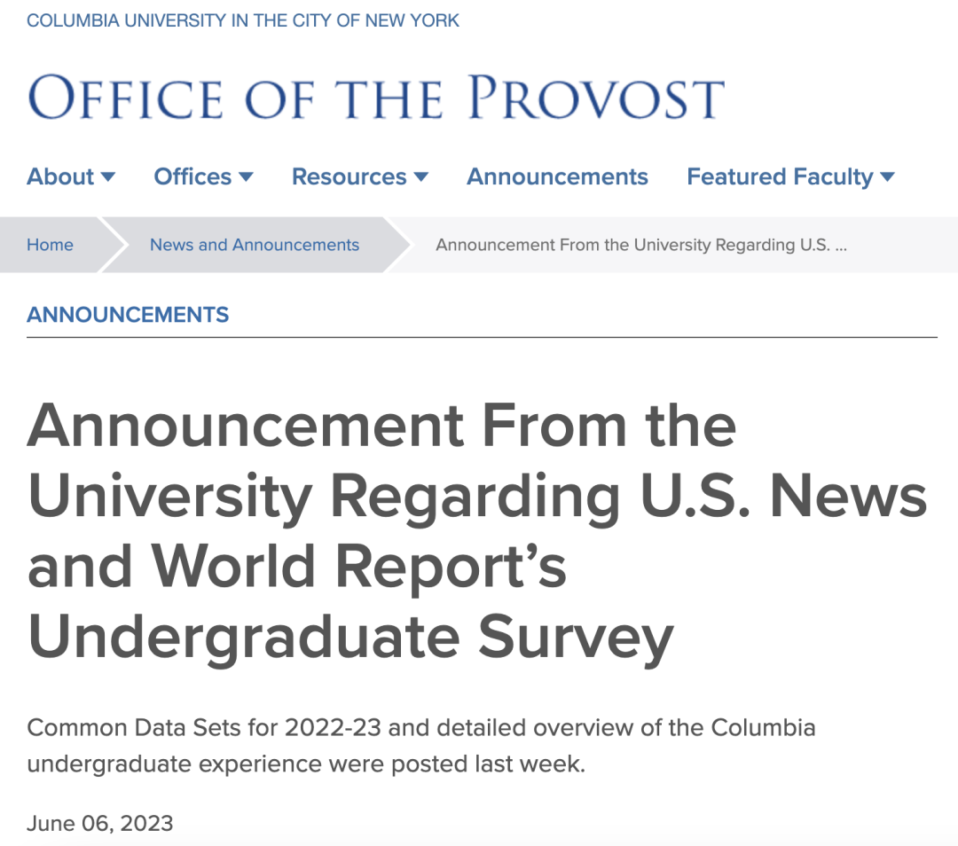 Announcement From the University Regarding U.S. News and World