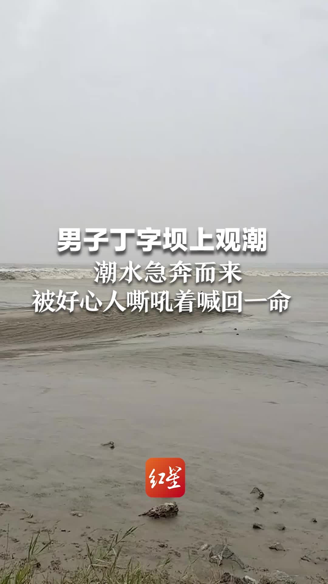 男子丁字坝上观潮，潮水急奔而来，被好心人嘶吼着喊回一命