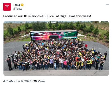 里程碑!特斯拉得州工厂4680电芯产量破1000万颗:可装1.2万辆Model Y