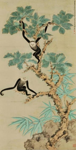 张大千 檞树双猿 275×107cm 纸本设色 20世纪 中央美术学院美术馆藏