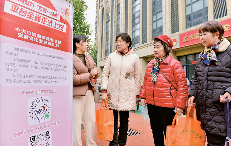 2023年2月17日，安徽省合肥市蜀山区井岗镇纪委和卫楼社区工作人员在引导居民关注了解小微权力“监督一点通”平台相关知识。 中新社发 葛宜年/摄