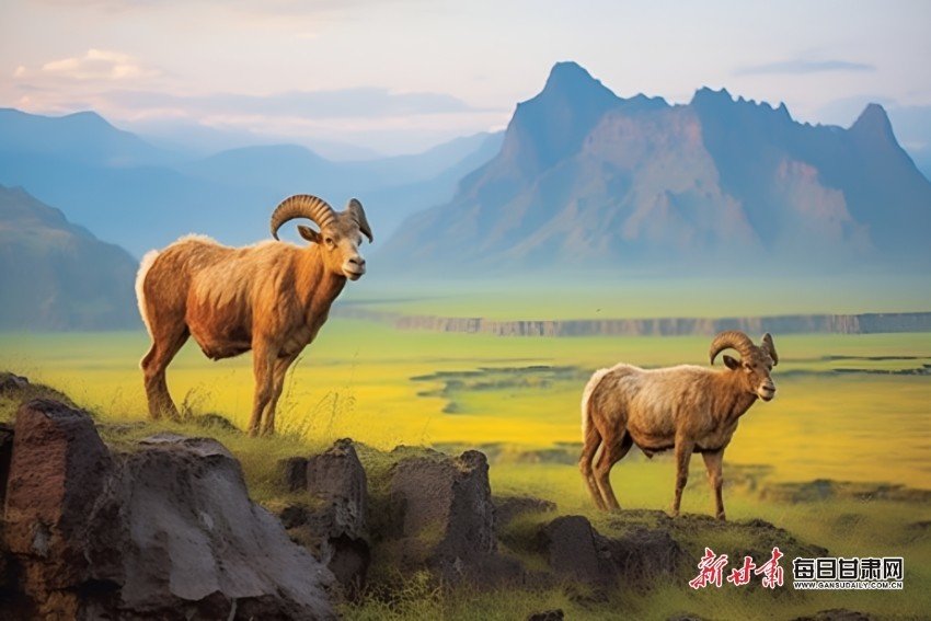 青藏高原东北缘山前的和政羊（AI绘）