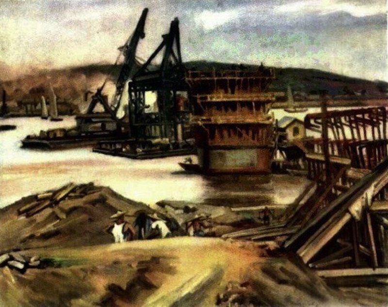 图14 倪贻德，《建设中的长江大桥》，油画，《美术》1956年第12期