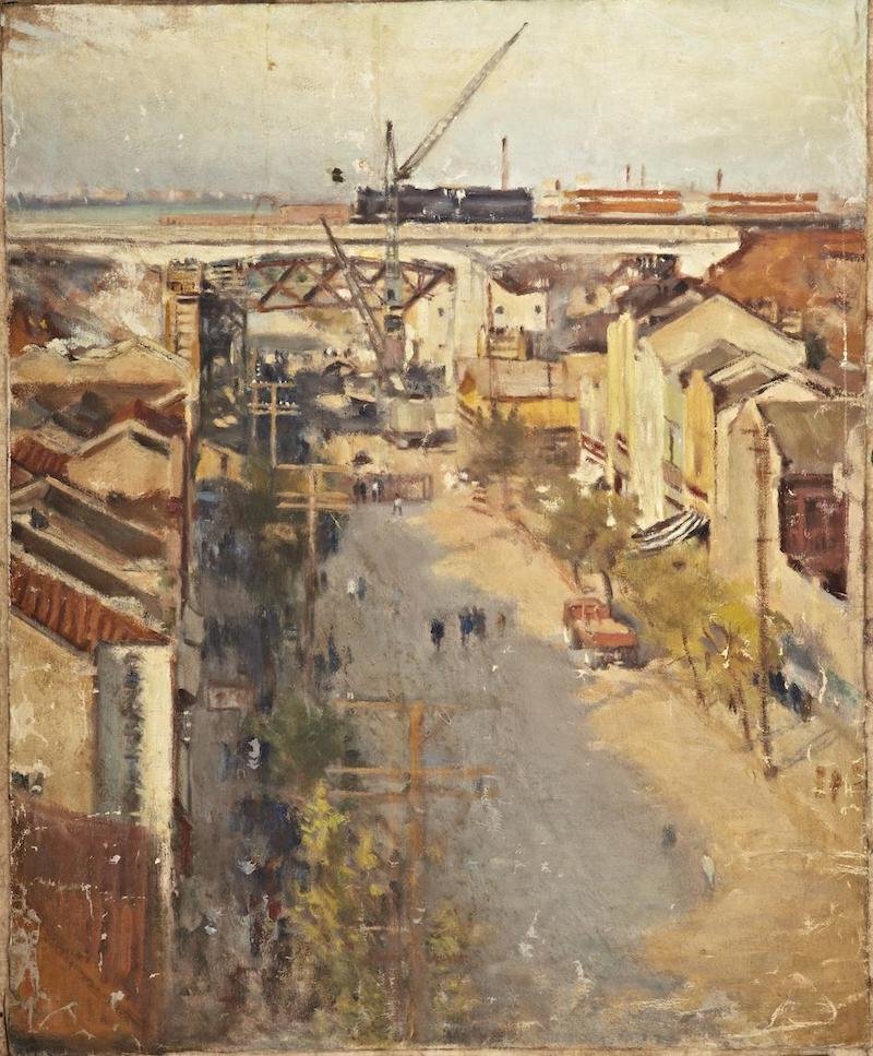 图15 王道源，《武汉长江大桥施工》，布本油画，73厘米×60厘米，1956年，私人藏