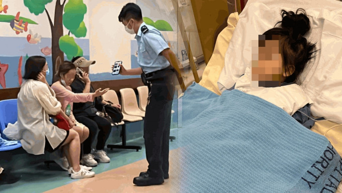 26日,香港警员向病房外女童家人查问。图自香港星岛网