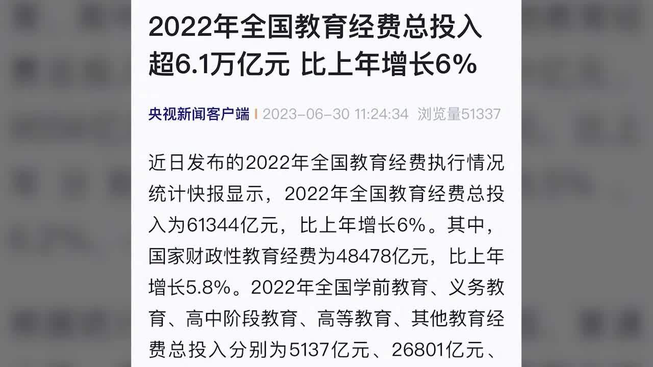 2022年全国教育经费总投入超6.1万亿元，幼儿园生均教育经费总支出增幅最高