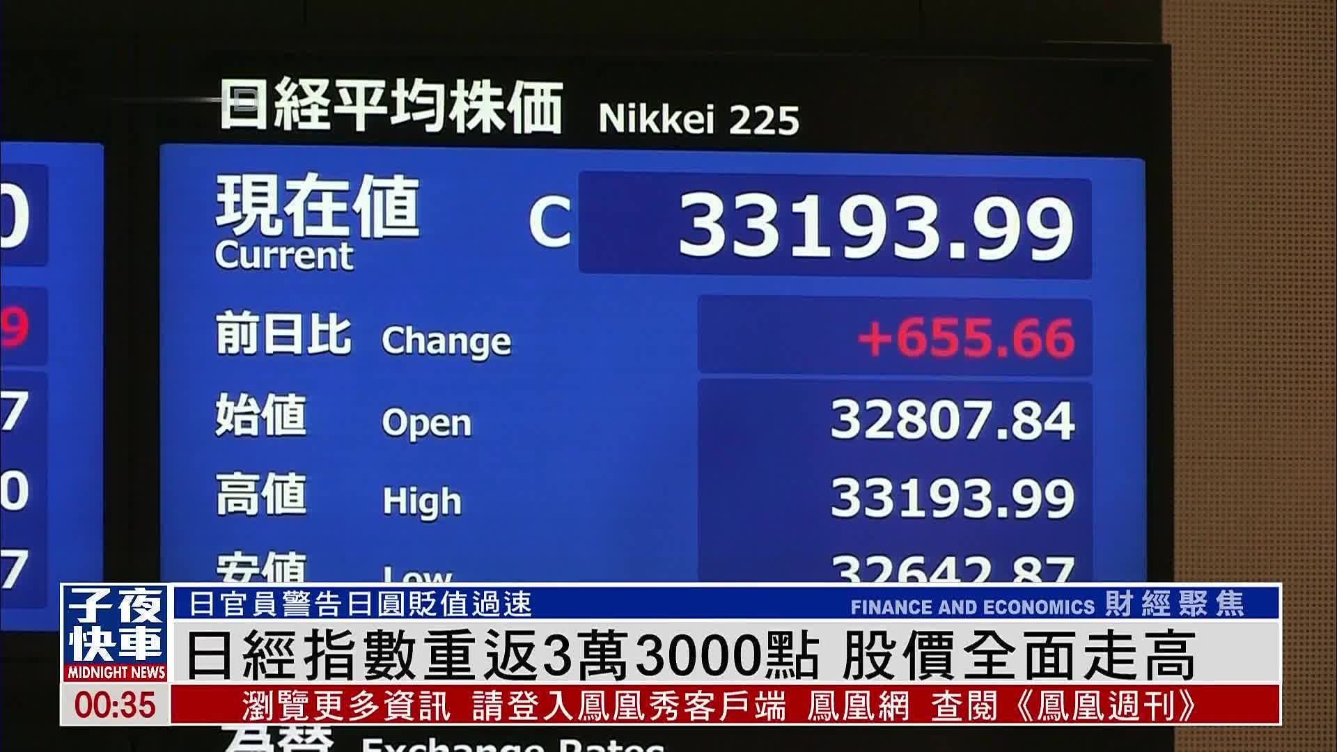 日经指数重返3万3000点 股价全面走高