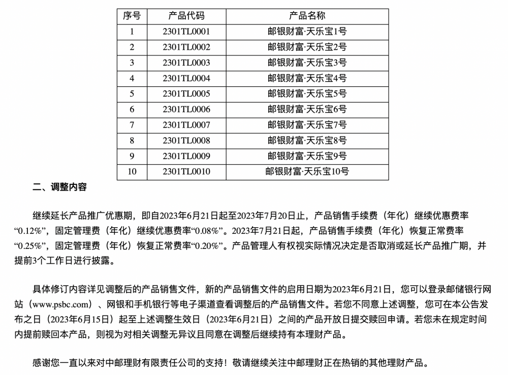 （“中邮理财邮银财富&middot;天乐宝系列人民币理财产品” 费率调整公告；数据整理：南财理财通）