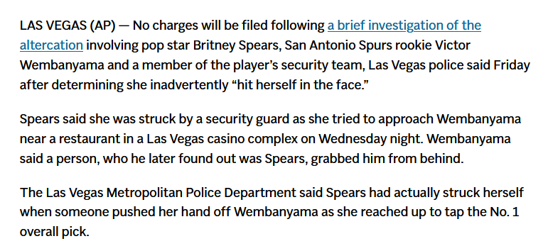 警方认定布兰妮误遭自己掌掴 表示不会起诉文班亚马和保镖