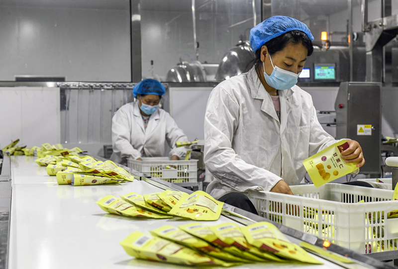 7月4日，工人在遵化市一家板栗加工企业包装车间工作。新华社发（刘满仓 摄）