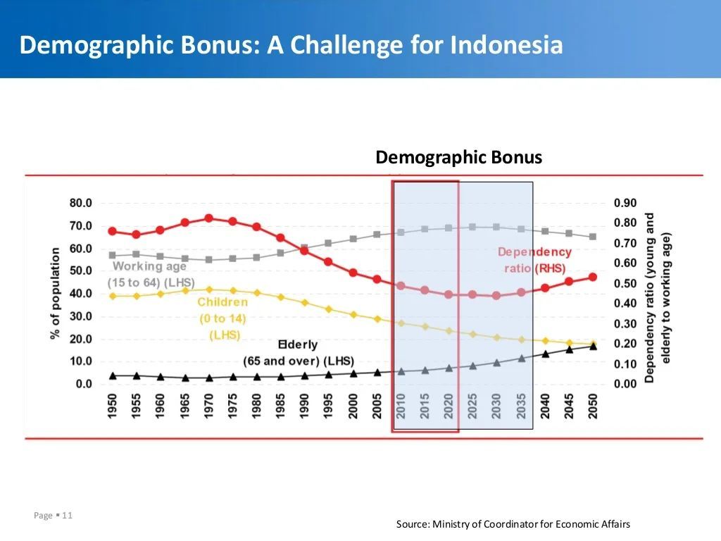 ▎印尼的人口紅利將有可能持續(xù)到2035年。圖源：印度尼西亞經(jīng)濟(jì)統(tǒng)籌部