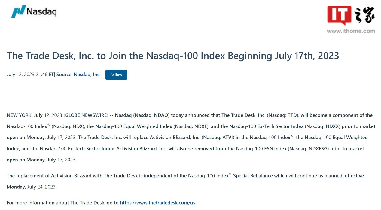 消息称动视暴雪股票将于7月17日从纳斯达克退市