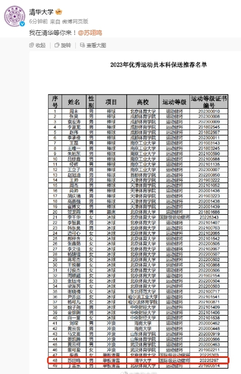 清华大学社交媒体截图。