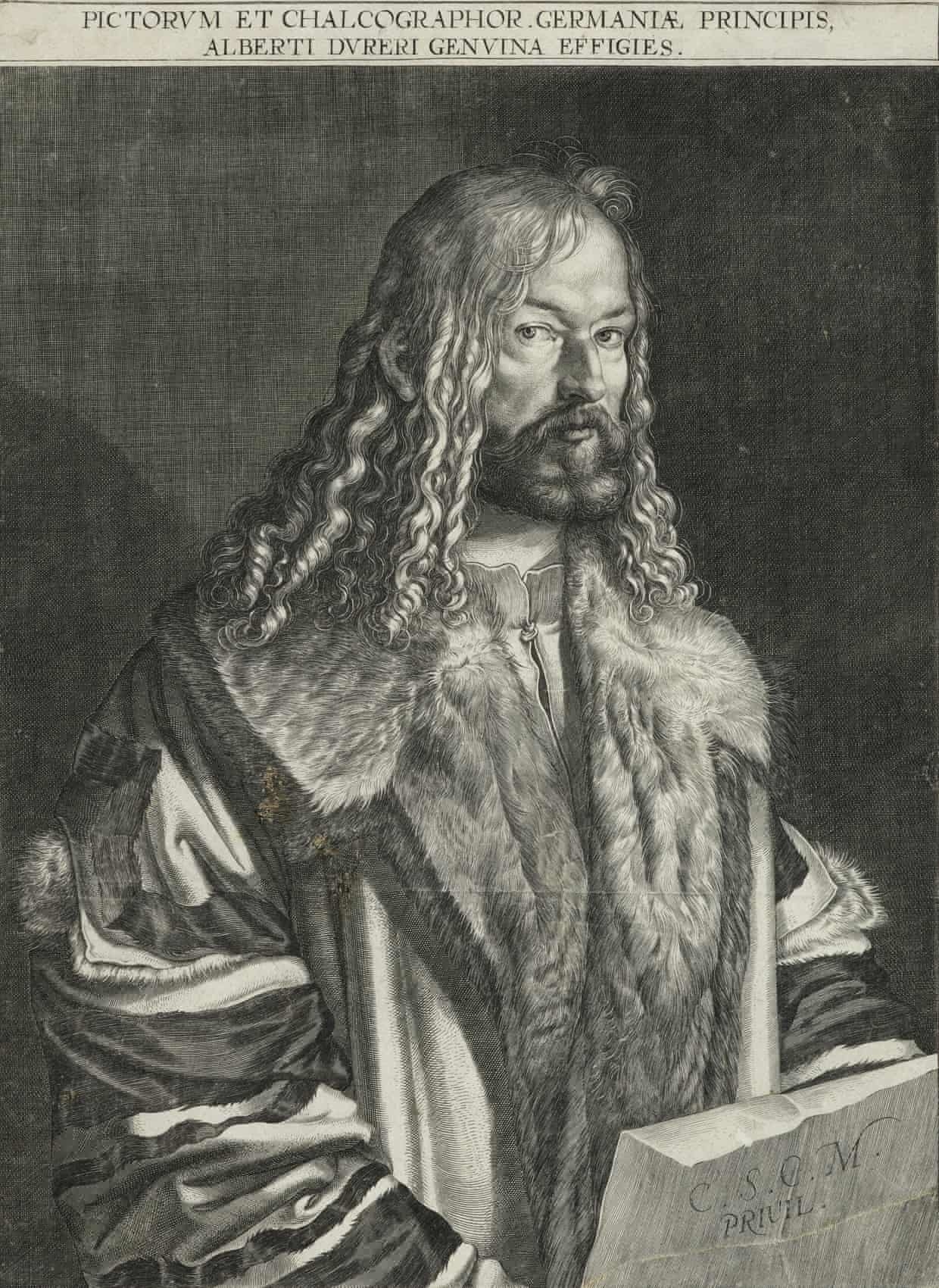 德国蚀刻版画家卢卡斯·基利安 (Lucas Kilian) 创作的丢勒肖像，1608 年。这是在丢勒去世80年后创作，体现了他不朽的名声。丢勒对新技术的理解使之得到了声誉，他不是第一个版画家，但却是第一个因此成名的人。
