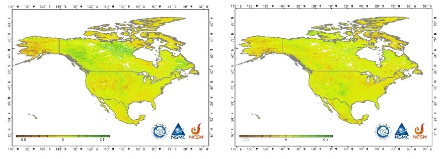 FY-3D氣象衛(wèi)星北美植被指數(shù)距平（左圖為2023年5月，右圖為2023年6月）。