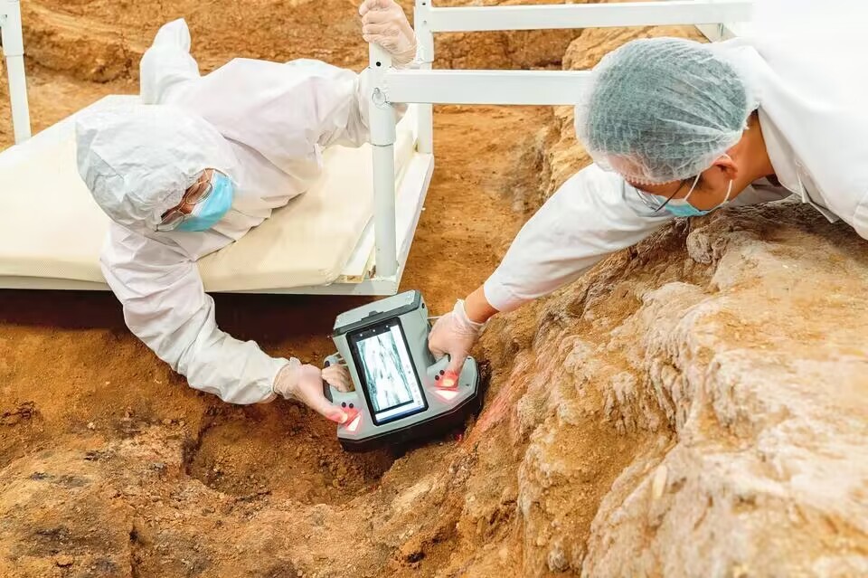 ▲考古工作者在北白鹅墓地地下考古方舱中采集提取信息