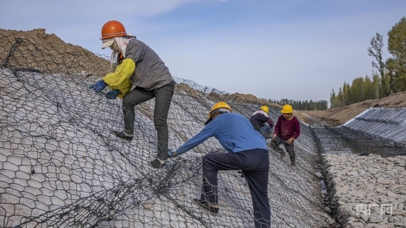 渠道绿滨垫石笼安装、块石填筑施工现场(央广网发 高台县委宣传部 供图)