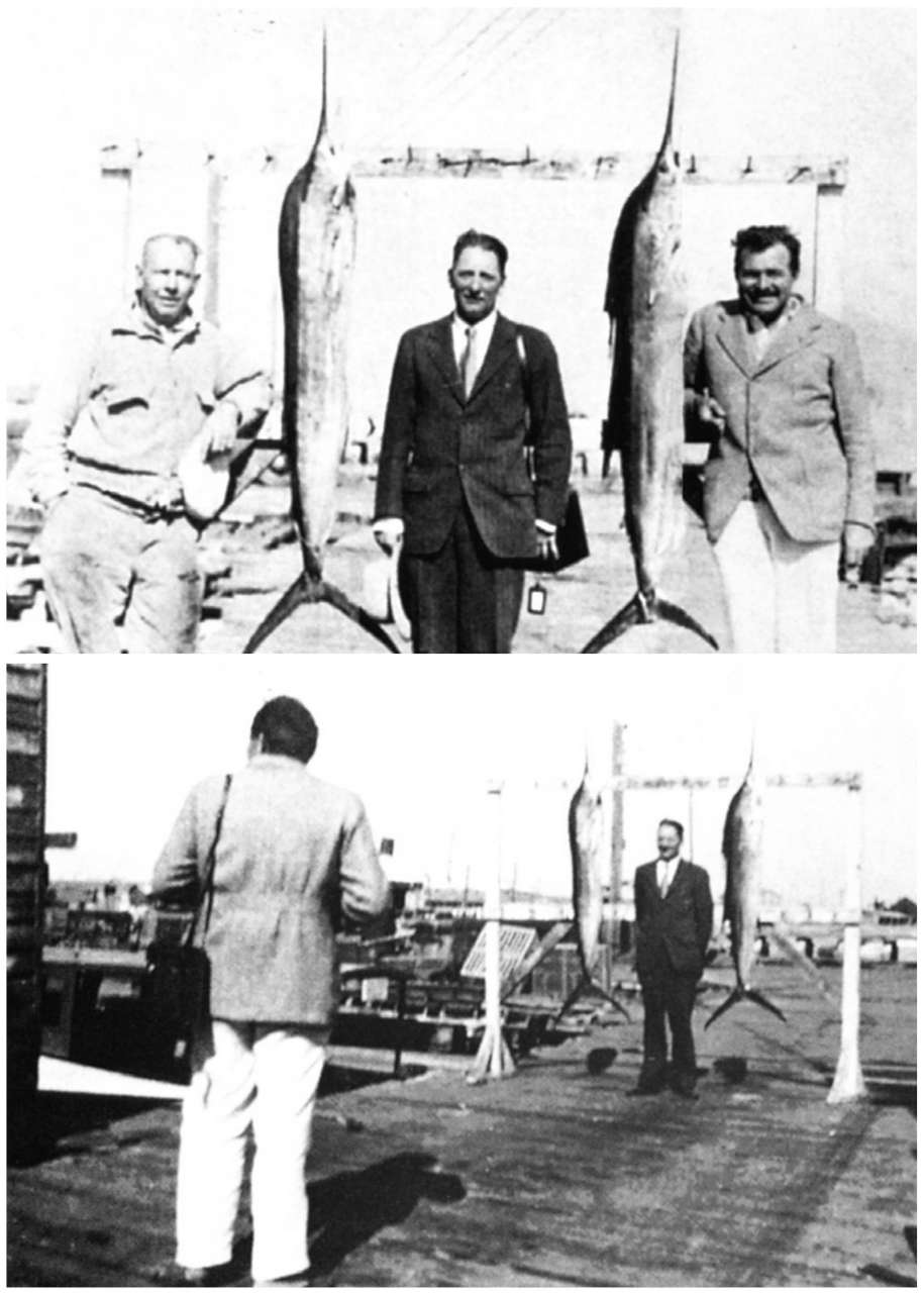 1935年，基韦斯特岛，麦克斯、欧内斯特和战利品。海明威每年都想让忙碌的编辑离开写字台，和他一起度假冒险，但只有少数几次劝说成功。这张照片捕捉到他自己给麦克斯拍照的场景，也说明了这一点。