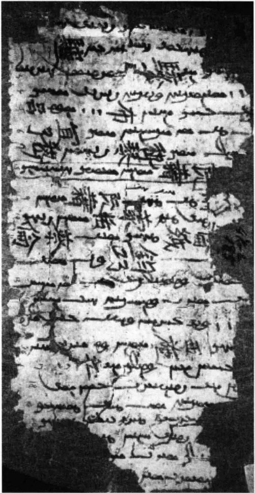 ▲现藏圣彼得堡，为“骸垢想浴”至“晦魄环照”一段的回鹘文译本，从中可见“阮籍、蔡伦、西施”等夹写的汉字。