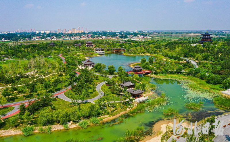 7月20日，无人机航拍雄安悦容公园美景。