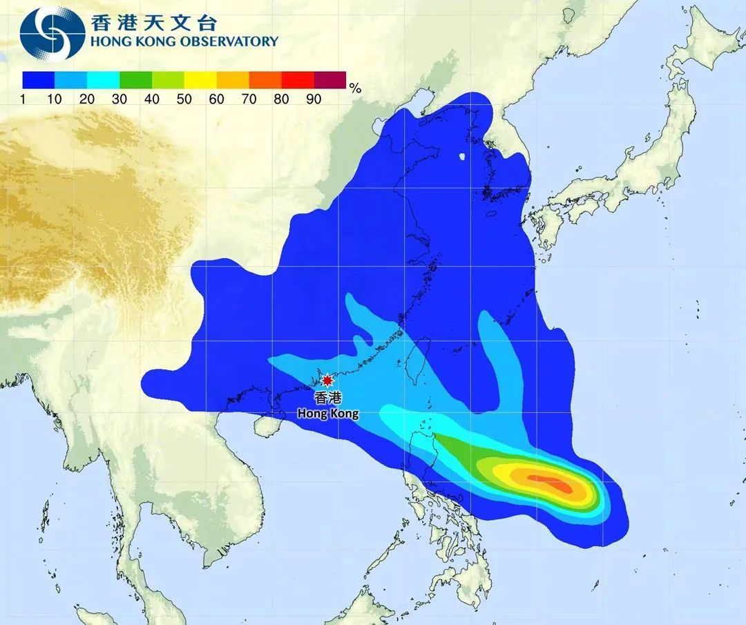▎香港天文台21日的集合预报,给了杜苏芮极大的误差范围